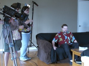 getting an insert shot with script and feet Yours Truly stretching his acting ability to the limits by putting on shoes