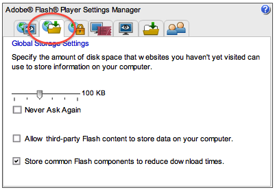 Flash settings panel Flash Global Storage Settings Panel